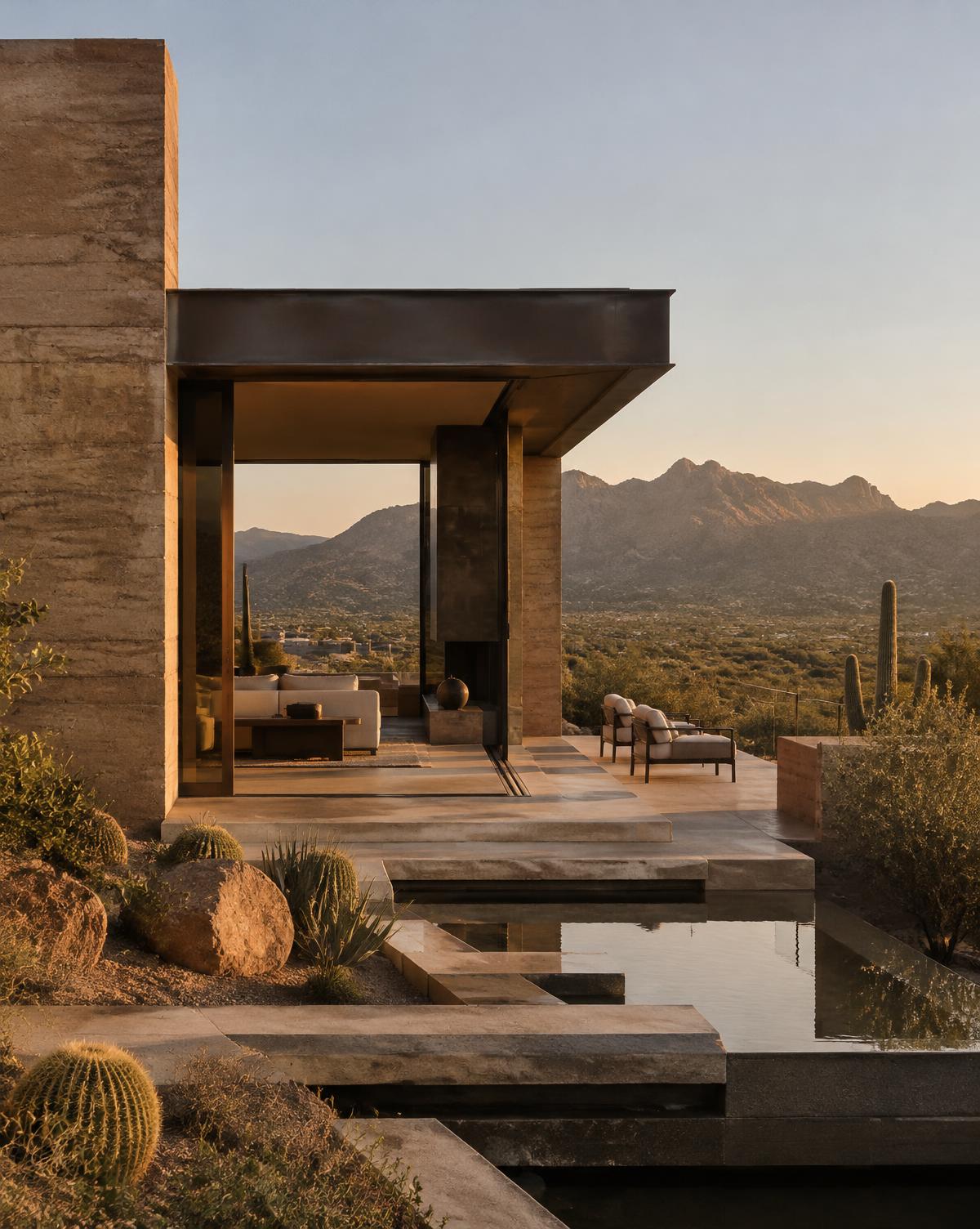 Residencia contemporánea de tierra apisonada, acero y vidrio con vista a las montañas del desierto sonorense