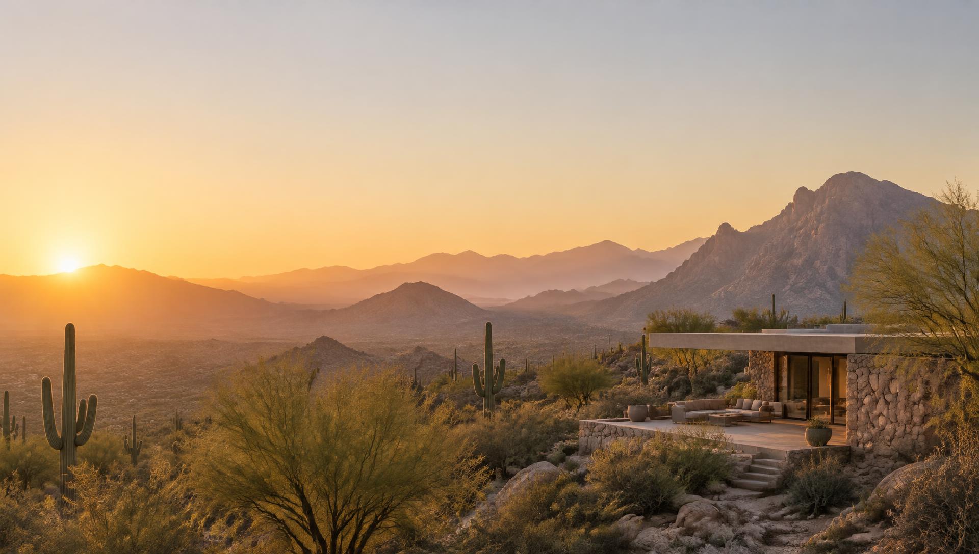 Amanecer sobre las sierras del desierto de Sonora con un pabellón contemporáneo de piedra integrado al paisaje