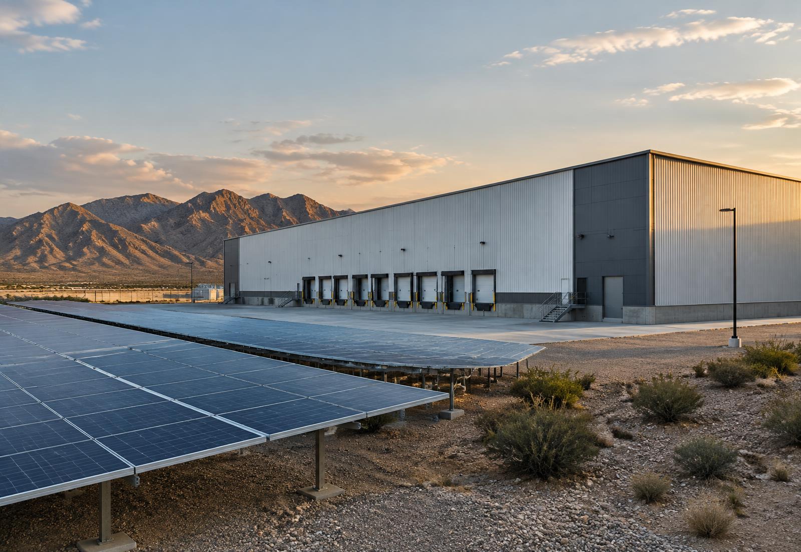 Nave industrial contemporánea junto a un parque solar con las sierras del desierto al fondo